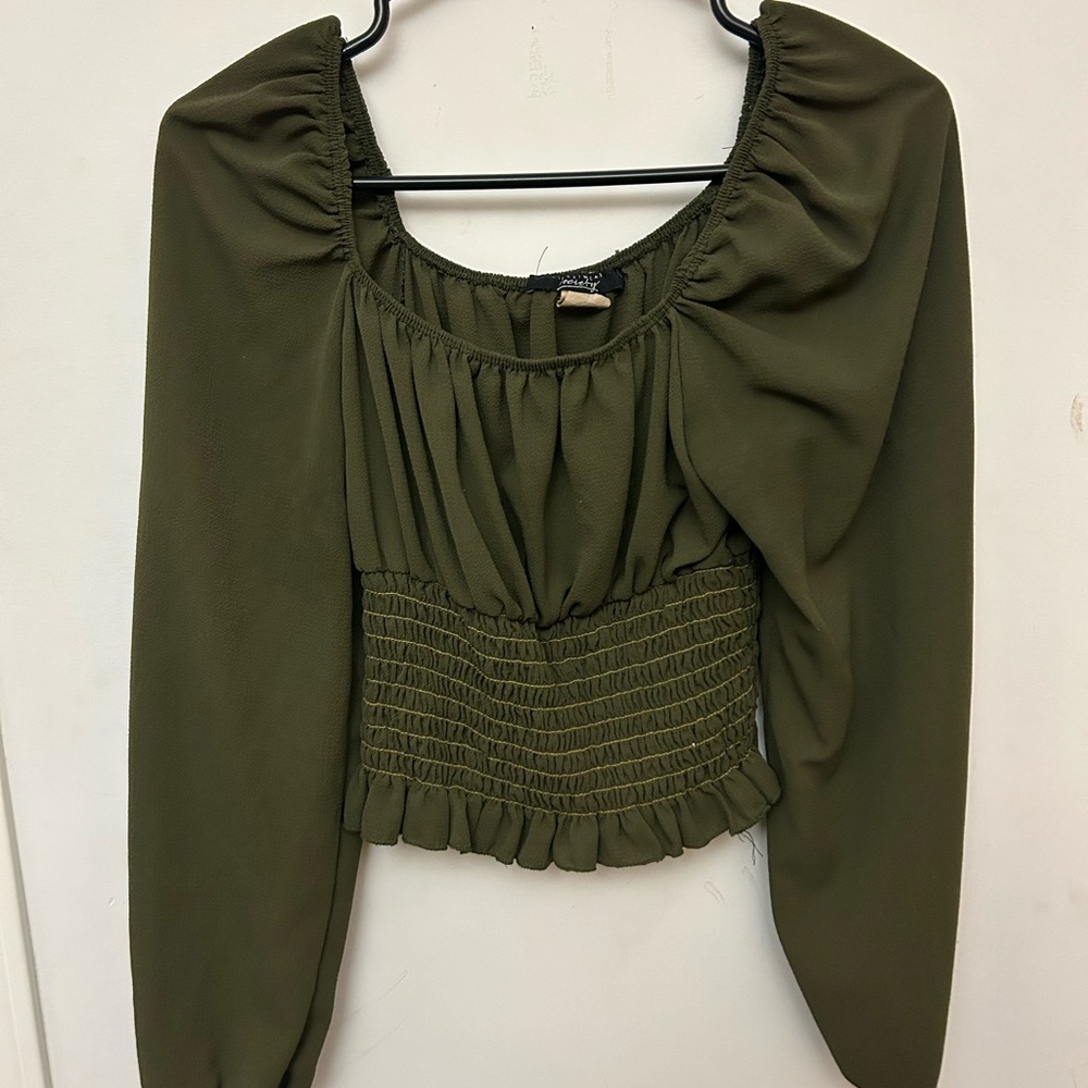 Society Green Ruched Puff Sleeve Top